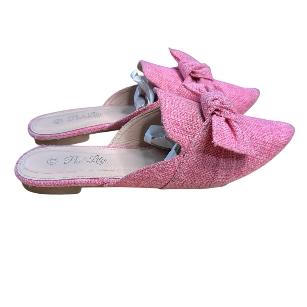 Pink Lily Pink Bow Pointed Toe Mules Tweed Size 10 - Picture 3 of 13